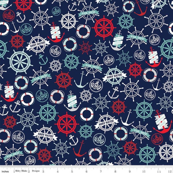 Deep Blue Sea Anchors on Navy Cotton Fabric, Nautical Beach Fun Quilting Apparel Fabric, 1 Yard or More, Jen Allyson, Riley Blake Designs