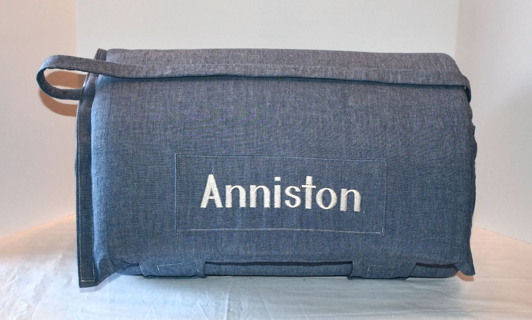 Denim Chambray Memory Foam Kids Nap Mat with Navy Minky Dot Blanket, Personalized Preschool High Density Foam, Kinder Sleeping Nap Mat