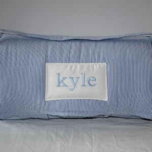Navy Seersucker Stripe Kids Batting Nap Mat with White Minky Dot Blanket
