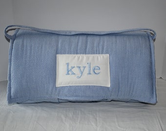 Navy Seersucker Stripe Kids Batting Nap Mat with White Minky Dot Blanket