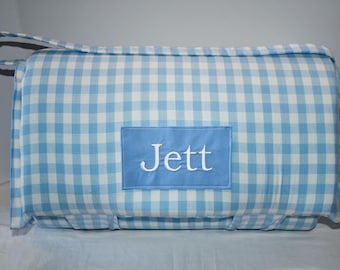 Light Blue Gingham Plaid Check Memory Foam Kids Nap Mat with Light Blue Minky Dot Blanket