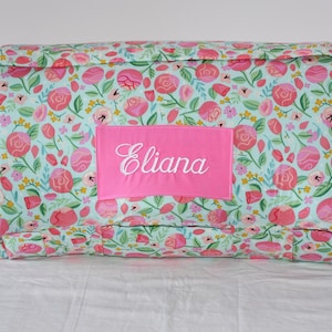 Beauty and the Beast Pink Rose Floral Kids Batting Nap Mat with Pink Minky Dot Blanket