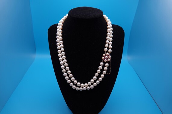 Cultured Pearl and Ruby double strand necklace, d… - image 4