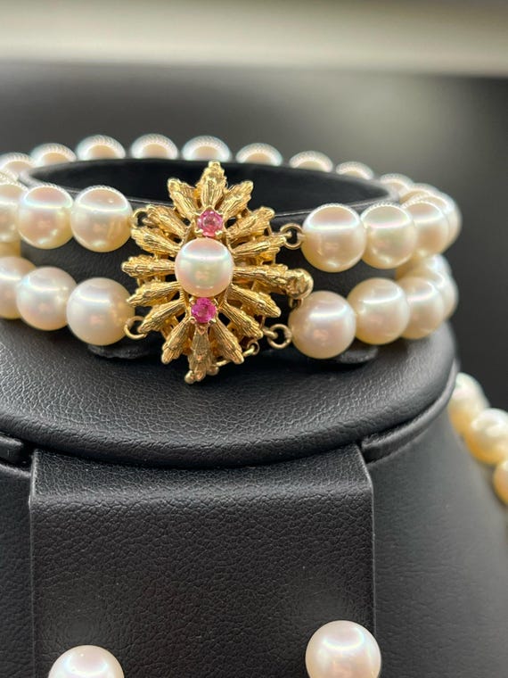 Cultured Pearl and Ruby double strand necklace, d… - image 8