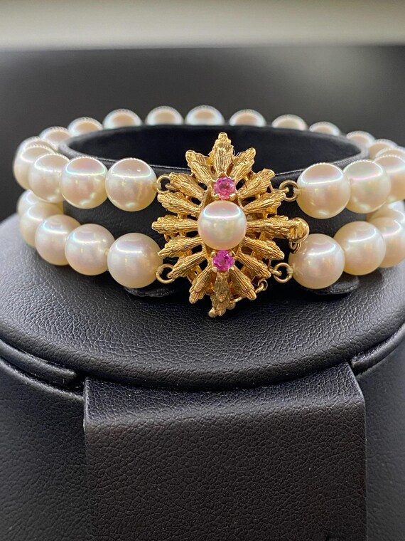 Cultured Pearl and Ruby double strand necklace, d… - image 9