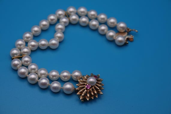 Cultured Pearl and Ruby double strand necklace, d… - image 6