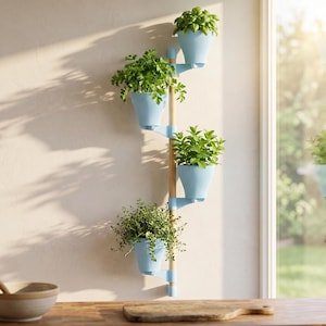 Può includere: Un supporto verticale da parete per piante con un palo centrale in legno e quattro vasi in plastica azzurra a coste, fissati a intervalli sfalsati. Ogni vaso contiene un'erba verde diversa, creando un'esposizione a più livelli.