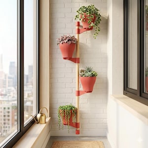 Puede incluir: Un soporte vertical para plantas con un poste central de madera clara y cuatro macetas rojas acanaladas fijadas a distintas alturas. Cada maceta contiene una planta verde diferente, incluyendo hiedra y suculentas, sobre una pared de ladrillo.