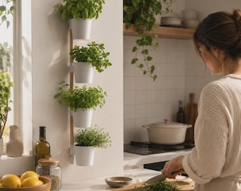 Fioriera verticale da parete a 4 vasi, giardino di erbe aromatiche stampato in 3D, decorazione moderna per la casa, prodotto in Europa.