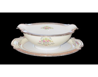 Vintage Rose China Japan Floral Gravy Boat With Attached Underplate