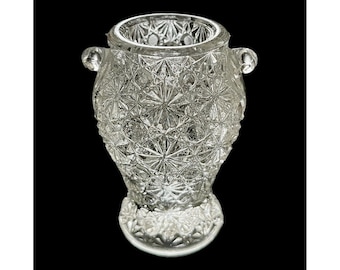 Jarrón vintage LE Smith Daisy & Button de vidrio transparente con palillero