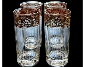4 bicchieri highball dritti vintage Culver Tyrol con fascia in oro 22 carati e linee incise