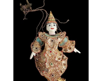 Antique Thailand Asian Marionette Wooden Puppet Hand Painted Vintage Rare 15"