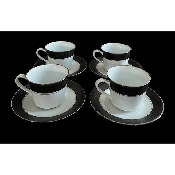 Set of 4 Vintage Noritake Mirano 6878 Coffee Cups & Saucers Etched