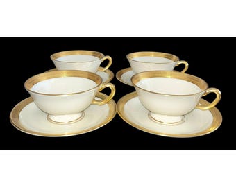 Set Of 4 Lenox Lowell Cup and Saucer Set Gold Encrusted Band Gold Mark Pristine