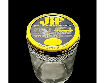 Tarro de mantequilla de cacahuete extra crujiente Jif de los años 60 con tapa
