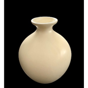 May include: A cream-colored ceramic vase with a rounded body and a narrow neck. The vase has a smooth, matte finish and a simple, elegant design. The background is black.