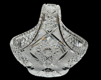 Czech Bohemian Crystal Cut Glass Basket With Handle Heavy 7" x 11" x 5.5" MINT