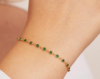 14K Solid Gold Emerald Bracelet, May Birthstone Bracelet, Gifts for Her, Emerald Green Bracelet, Christmas Gifts, Christmas Gifts