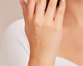 14K Solid Gold Hand Chain Bracelet | Dainty Shahmeran Bracelet | Mother's Day Gift for Mom | Solid Gold Jewelry Gift | Hand Ring Gold