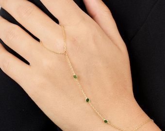14K Solid Gold Emerald Hand Chain Bracelet | Dainty Mother’s Day Gift | Solid Gold Shahmeran Bracelet | Personalized Gift for Mom
