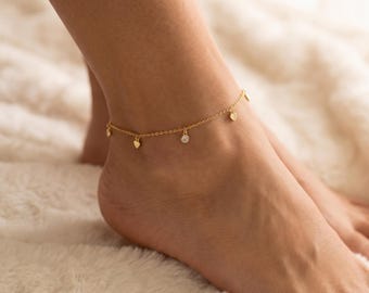 14K Solid Gold Heart Anklet, Dainty Gold Anklet with CZ Charm, Minimalist Anklet, Gift for Her, Real Gold Jewelry