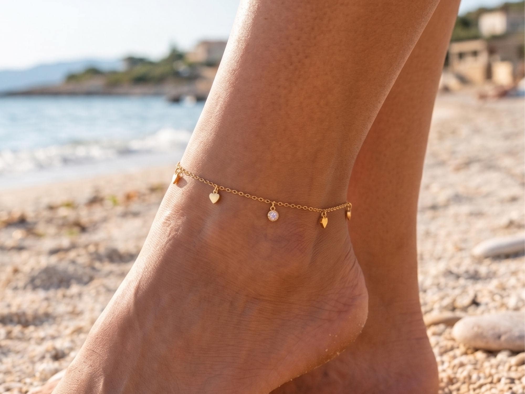 14K Gold Beach Anklet, Dainty Summer Anklet, Minimal Charm Anklet, Gold Ankle Bracelet, Vacation Jewelry, Gift for Her