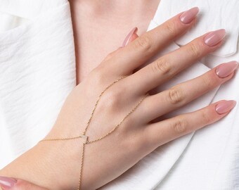 14K Solid Gold Hand Chain Bracelet, Graduation Gift for Her, Dainty Shahmeran Jewelry, Elegant Real Gold Bracelet to Celebrate Her