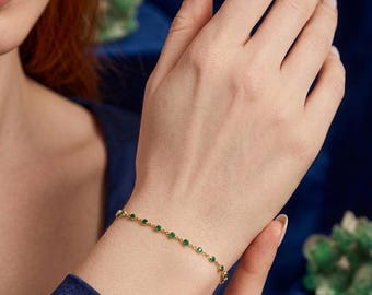 14K Gold Birthstone Bracelet, Dainty Gold Bracelet, Minimalist Gemstone Bracelet, Personalized Jewelry, Gift for Her