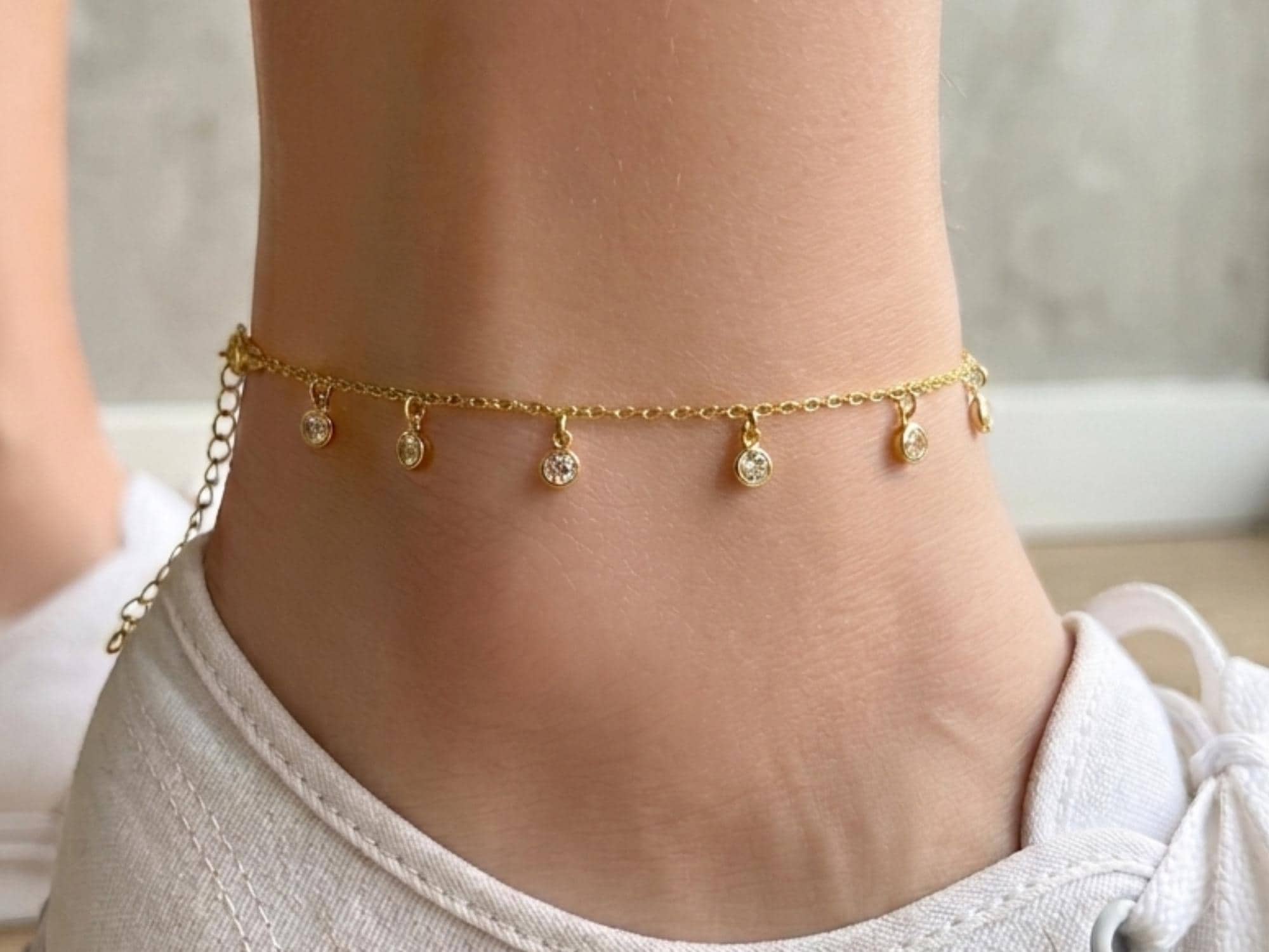 14K Gold Anklet, Solid Gold Charm Anklet, Dainty Minimal Anklet,…