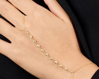 14K Solid Gold Diamond Cut Slave Bracelet / Solid Gold Chain Gold Ring Bracelet / Hand Ring Gold Handlet Bracelet / Christmas Gift Ideas