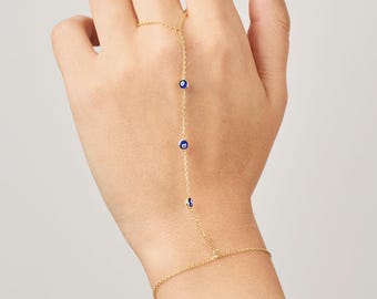 14K Solid Gold Navy Blue Evil Eye Slave Bracelet / Solid Gold Chain Gold Ring Bracelet / Hand Ring Gold Handlet Bracelet / Christmas Gift