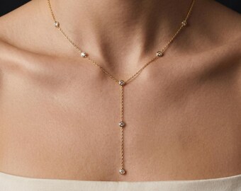 14K Solid Gold Lariat Y Necklace, Bezel Set Crystal Drop Necklace, Dainty Minimalist Gold Necklace, Gift for Her, Bridal Jewelry