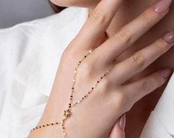 14K Solid Gold Star Hand Chain Bracelet, Dainty Gold Minimalist Hand Chain, Celestial Gold Bracelet, Solid Gold Star Bracelet, Gift for Her