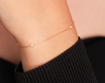 14k Solid Gold Diamond Station Bracelet, Minimalist Solitaire