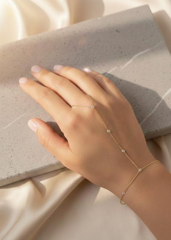 14K Solid Gold Moissanite Hand Chain Bracelet, Station Ring Slave Bracelet, Real Gold Ring Bracelet, Christmas Gift for Her