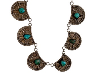 V I N T A G E // lucky links / sterling silver and turquoise horseshoe panel necklace / 18", 46g