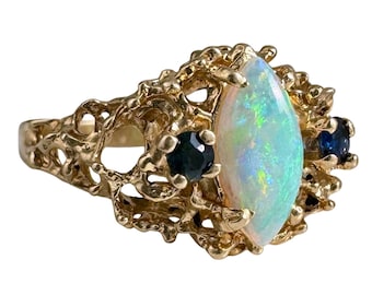 V I N T A G E // the mermaid's ring / 14k brutalist setting with opal and blue stones / size 6.25