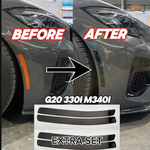 May include: Before and after image of a grey car with black trim. The before image shows the car with orange reflector strips. The after image shows the car with black reflector strips. The image also shows a set of three black reflector strips labelled "G20 330i M340i" and "EXTRA SET".