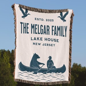 Customized Lake House blanket,Family Design with Canoes and Animals,Lake House Family,Personalized  Blanket with Family Name-Lake and Nature