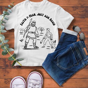 Camiseta cristiana para niños - La fe supera el miedo - Camiseta bíblica de David y Goliat - Camiseta inspiradora para jóvenes - La fe supera el miedo