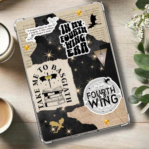 May include: A black and white illustrated dragon with a book stack and the text "Take Me To Basgiath" on a black and white background with gold stars. The text "In My Fourth Wing Era" and "Fourth Wing" are also on the background.