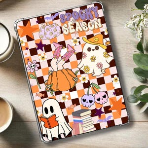Halloween Kindle Insert: Spooky Ghosts, Checkered Pumpkin Spice, paperwhite, colorsoft, basic, digital download