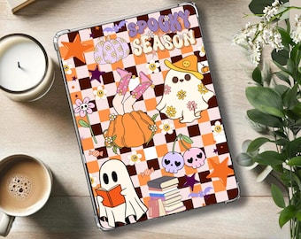 Inserto Kindle di Halloween: Fantasmi spettrali, Zucca speziata a scacchi, bianco carta, colorsoft, base, download digitale