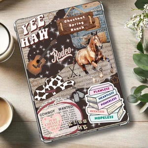 May include: A phone case with a collage of images and text. The case features a brown guitar, a horse, a cowboy hat, a book stack, and the text "Yee Haw", "Rodeo", "Chestnut Spring Ranch", "Cowboy Wanted", "In My Chestnut Springs Era", "Kiss Me", "Flawless", "Heartless", "Powerless", "Reckless", and "Hopeless".