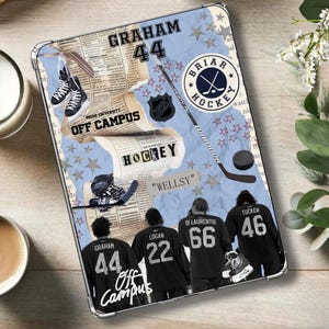May include: A tablet case featuring a collage of hockey imagery, including four players in black jerseys with numbers 44, 22, 66, and 46, a hockey stick, a puck, skates, and the text "GRAHAM 44", "BRIAR HOCKEY", "OFF CAMPUS", "WELLSY", and "D. LAURENTIS".