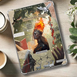 May include: A phone case with a collage design featuring a fantasy theme. The case includes a woman with fiery hair and a crown, a dragon, a sword, and the text "Throne of Glass".