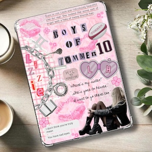 May include: A pink phone case with the words "BOYS OF TOMMEN 10" in a collage style. The case features a chain, lipstick marks, and a picture of a woman. A cup of coffee and a candle are in the background.
