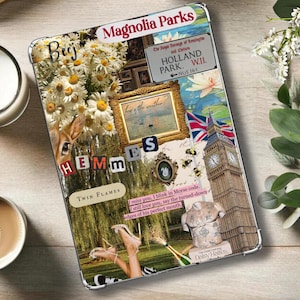 May include: A phone case with a collage design, including floral elements, a framed landscape, and a Big Ben illustration. The case features text that reads "Magnolia Parks," "Holland Park," and "Twin Flames."