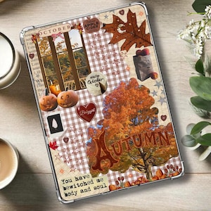 Pode incluir: Uma capa decorativa para tablet com tema de outono. A capa apresenta uma colagem com abóboras, uma árvore e a palavra "AUTUMN". O texto "You have bewitched me body and soul" também é visível.